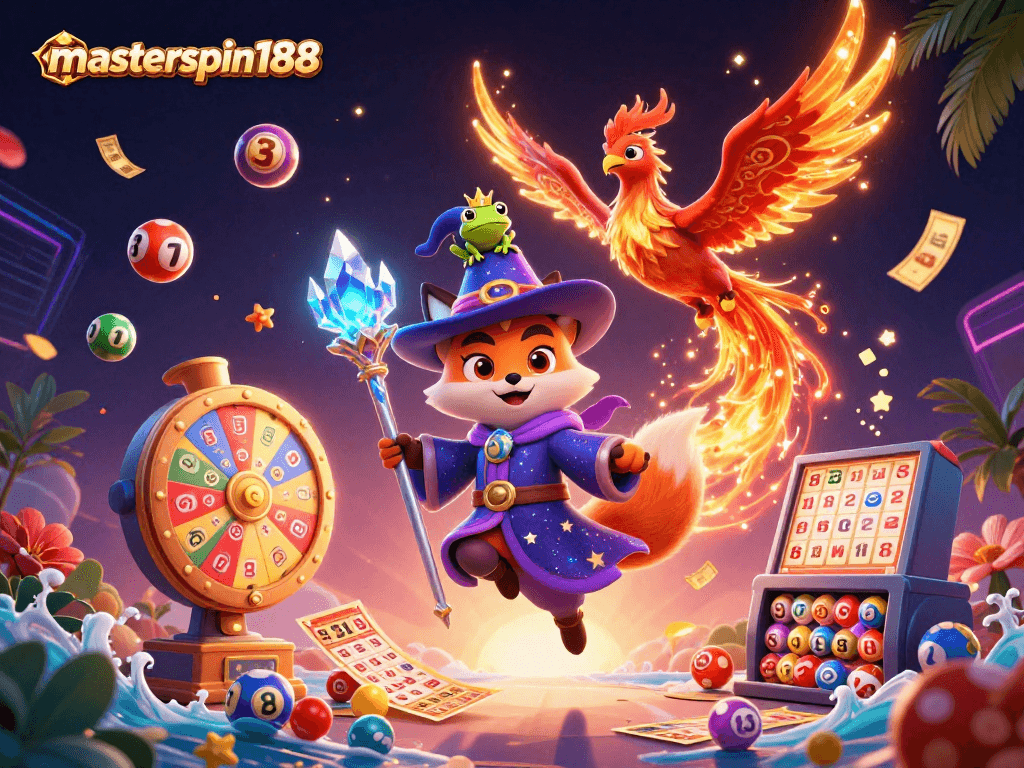 Experience masterspin188's vibrant gaming world with a wizard and phoenix amid dynamic lottery elements.