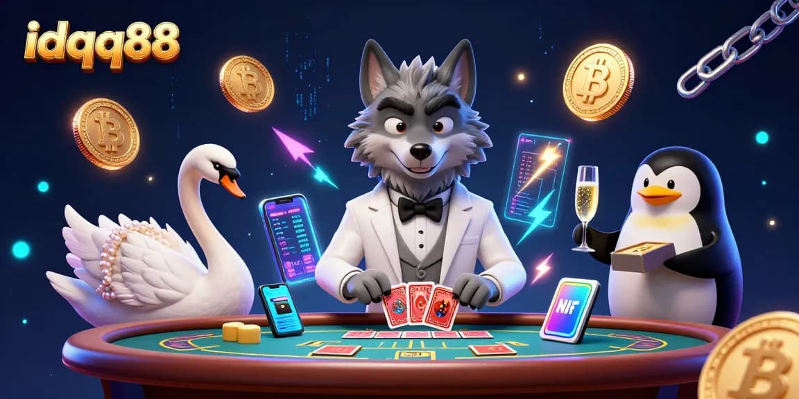 Experience the excitement of playing at idqq88 with a stylish wolf, swan dealer, and penguin sommelier at a casino table.