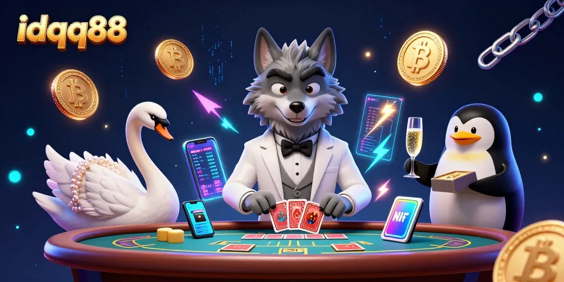 Experience the excitement of playing at idqq88 with a stylish wolf, swan dealer, and penguin sommelier at a casino table.