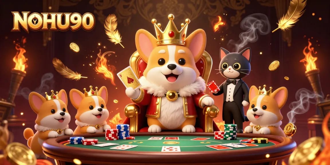 Admire the stylish NOHU90 royal corgi poker scene brimming with card games and golden coins.