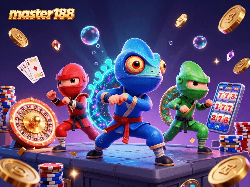 Experience thrilling gameplay with master188's vibrant 3D casino illustration featuring chameleons and coins.