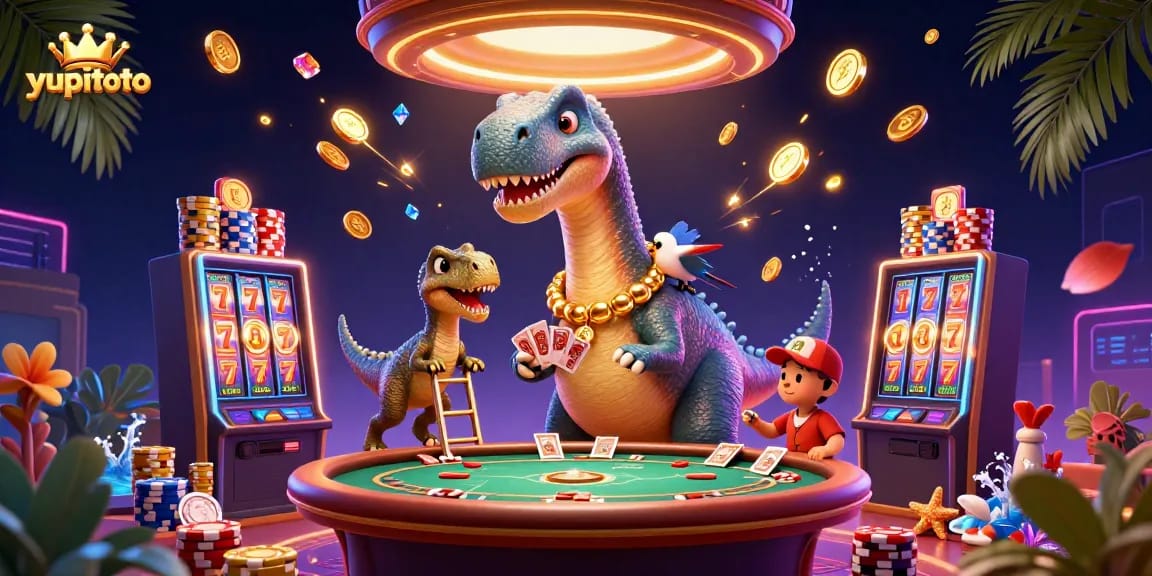 Gamer YUPITOTO menikmati jackpot dengan brontosaurus dan raptor di kasino 3D yang memukau.