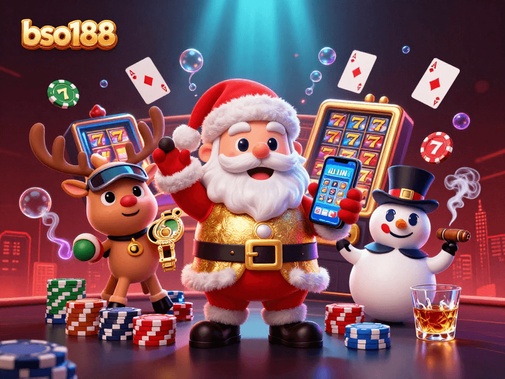 Win big with bso188 featuring Santa and friends in a vibrant, action-packed casino scene.