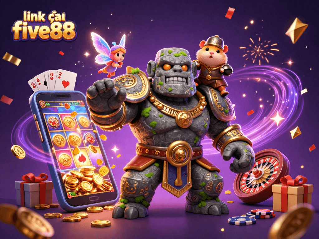 Experience the excitement of link vào five88 with a magical scene featuring a golem guardian and gaming elements.